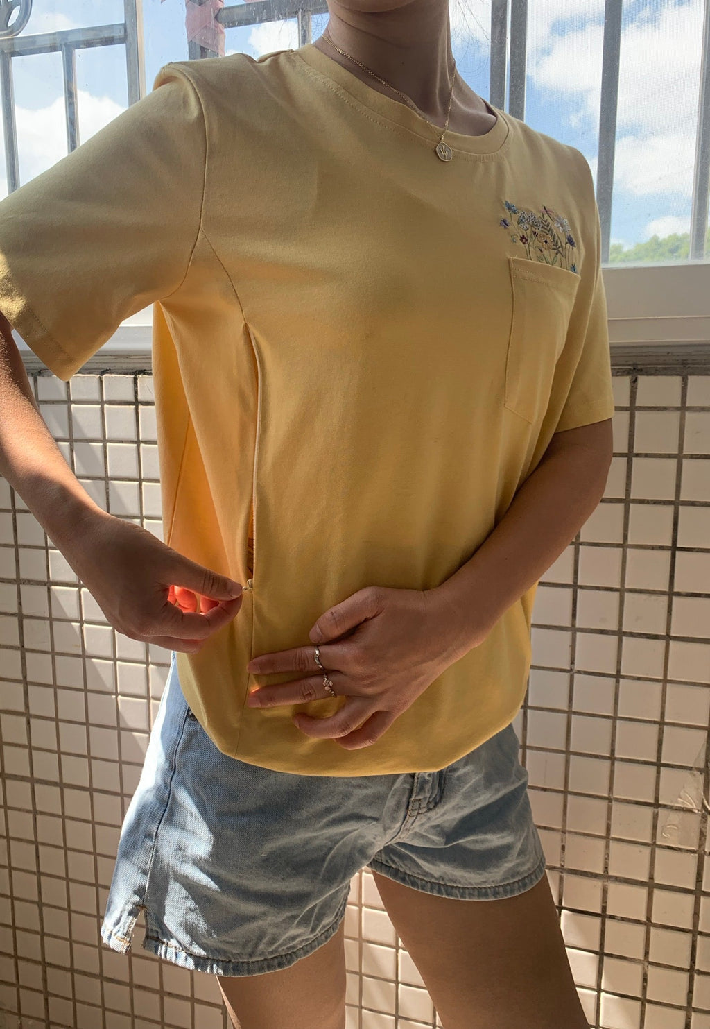 Embroidered Flower Pocket Feeding-Friendly T-Shirt
