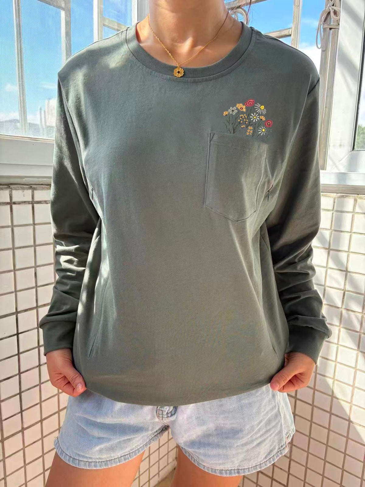 Floral Pocket Long-Sleeve Feeding-Friendly T-Shirt