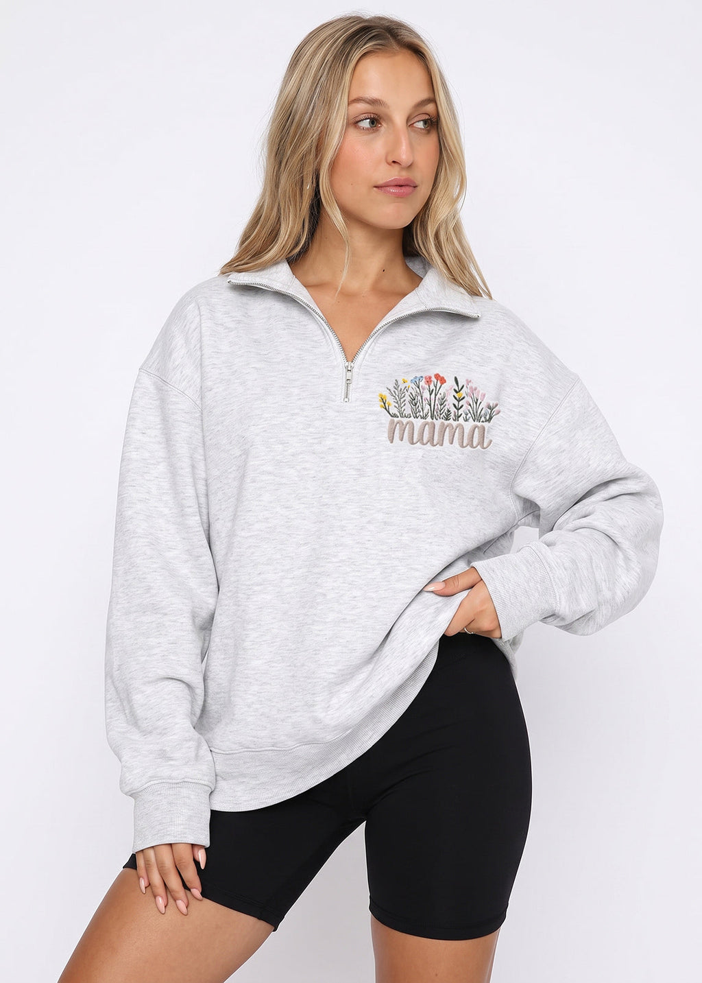 Embroidered Wildflower Mama Quarter Zip Feeding-Friendly Sweatshirt