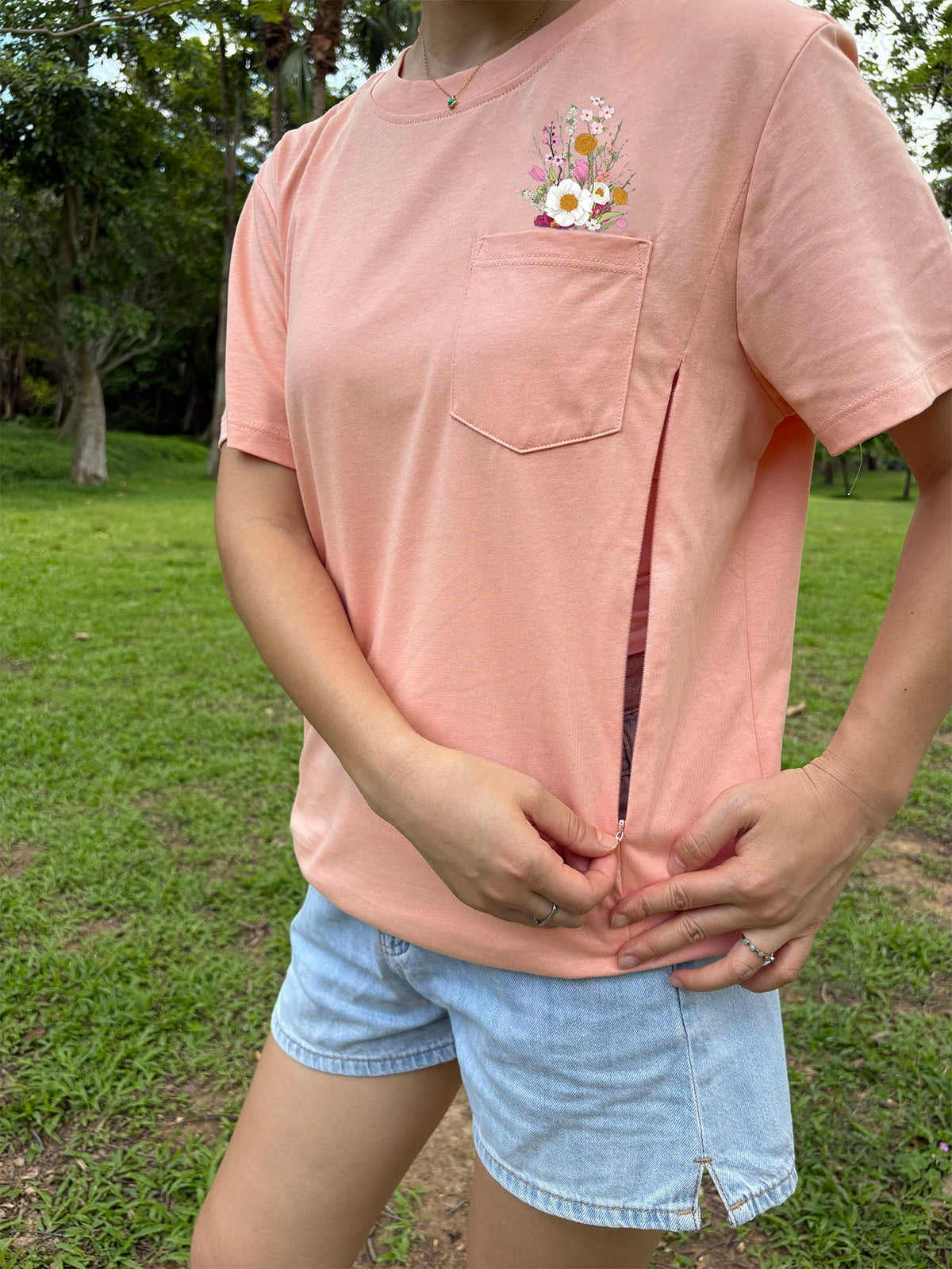 Faux Wild Flower Pocket Zip Feeding-Friendly T-Shirt