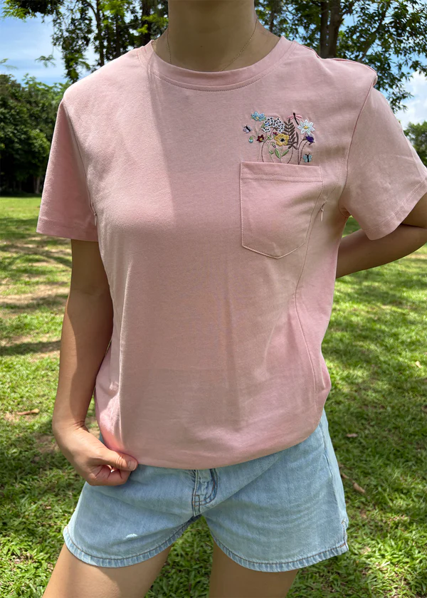 Embroidered Flower Pocket Feeding-Friendly T-Shirt
