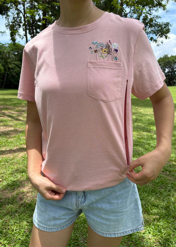 Embroidered Flower Pocket Feeding-Friendly T-Shirt