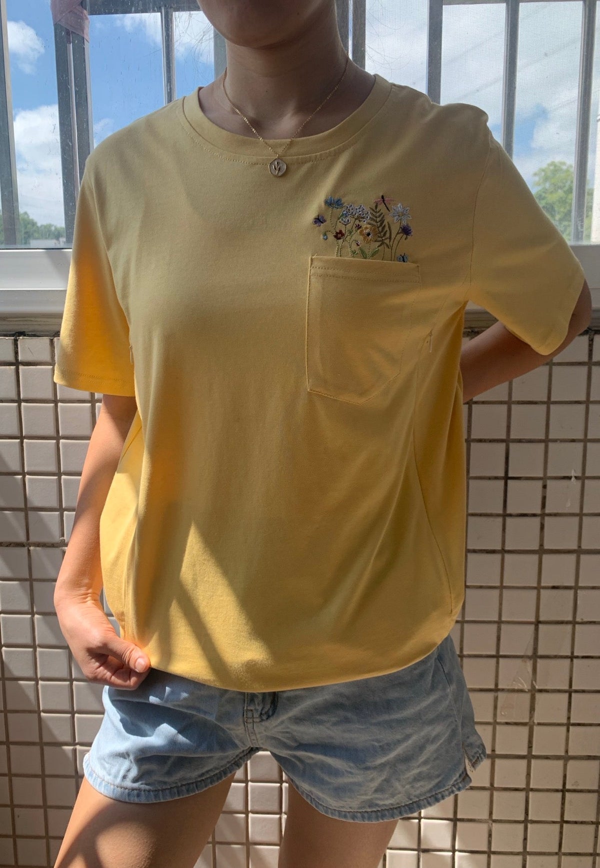 Embroidered Flower Pocket Feeding-Friendly T-Shirt