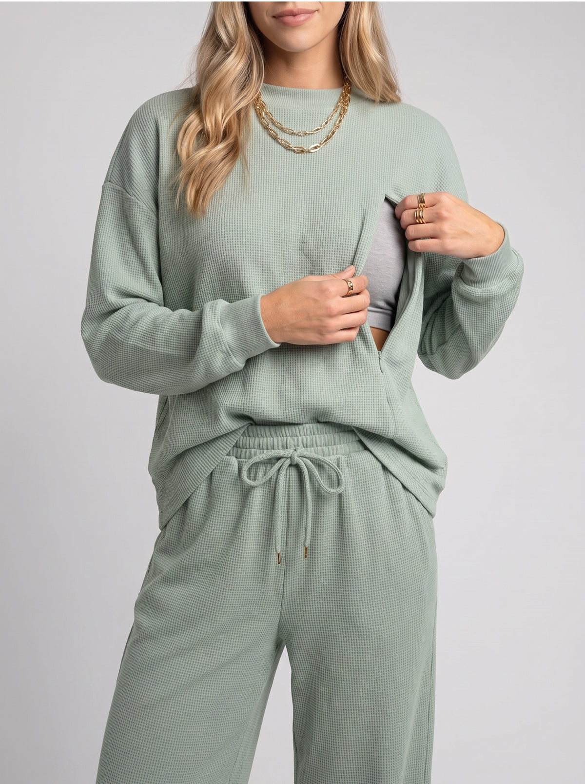 Longline Waffle Knit Feeding-Friendly Lounge Set