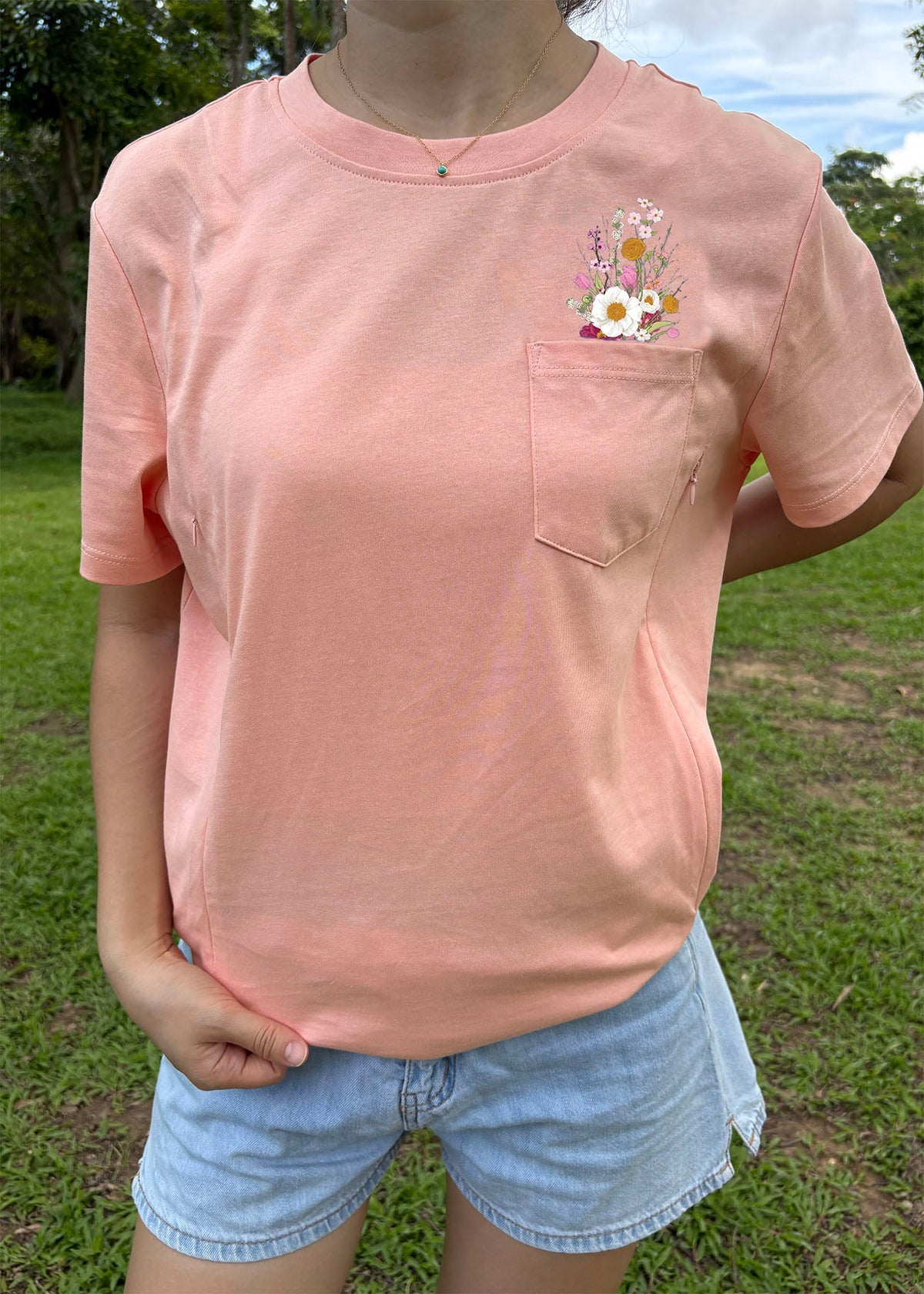 Faux Wild Flower Pocket Zip Feeding-Friendly T-Shirt