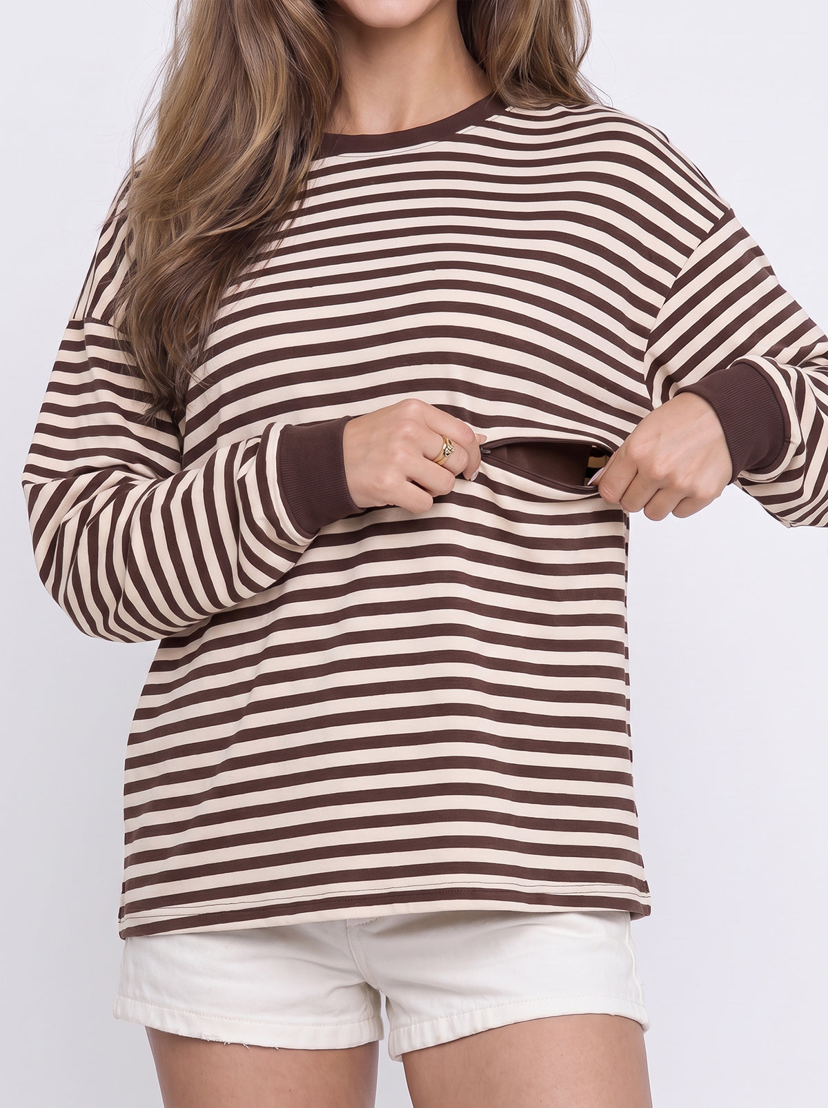 Chocolate Stripe Long Sleeve Feeding-Friendly Top