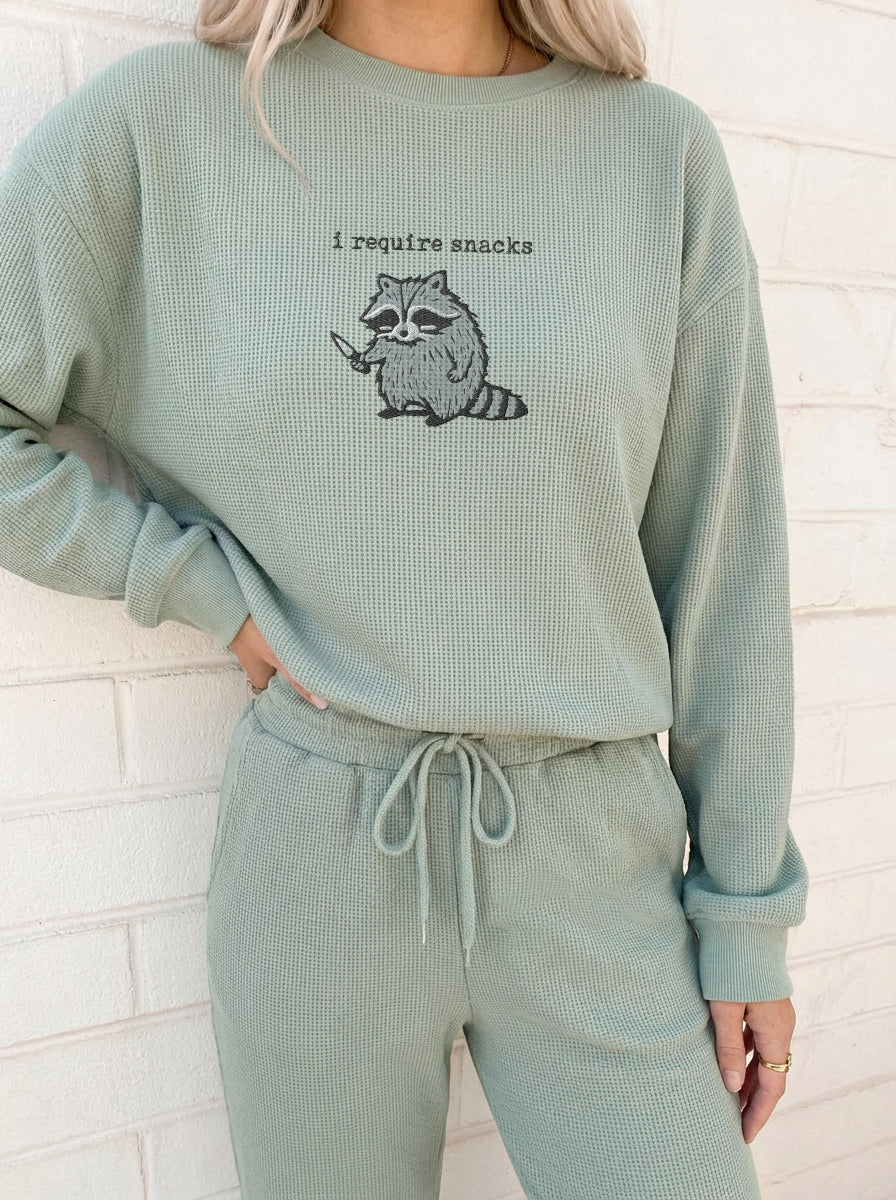 I Require Snacks Waffle Knit Embroidered Feeding-Friendly Sweatshirt