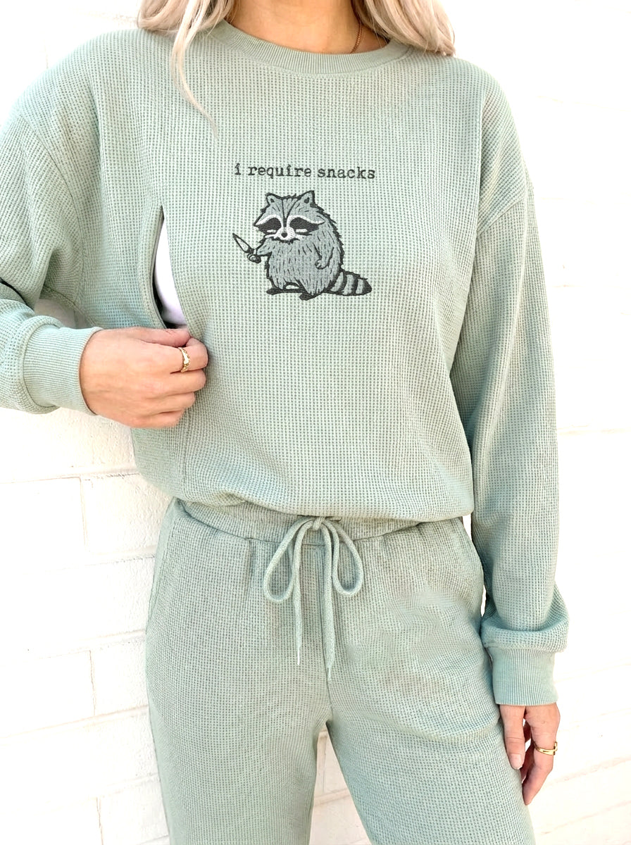 I Require Snacks Waffle Knit Embroidered Feeding-Friendly Sweatshirt
