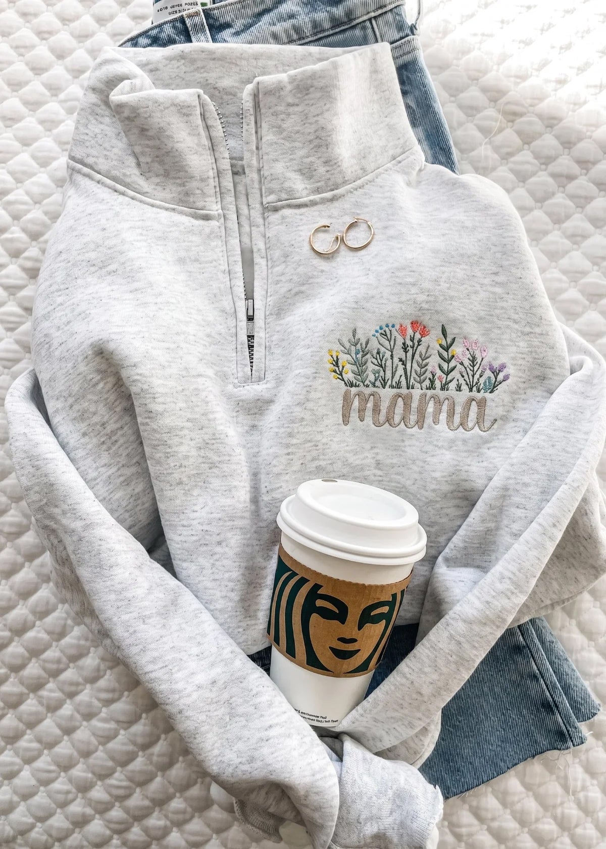 Embroidered Wildflower Mama Quarter Zip Feeding-Friendly Sweatshirt