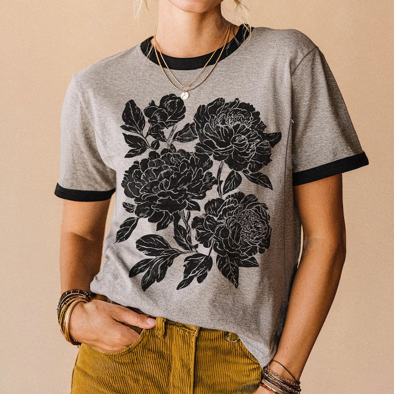 Retro Linocut Peonies Ringer Feeding-Friendly T-Shirt