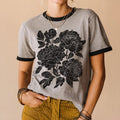 Retro Linocut Peonies Ringer Feeding-Friendly T-Shirt