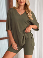 V-Neck Feeding-Friendly Lounge Set with Biker Shorts