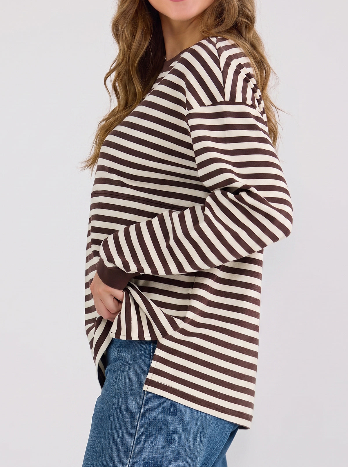 Chocolate Stripe Long Sleeve Feeding-Friendly Top
