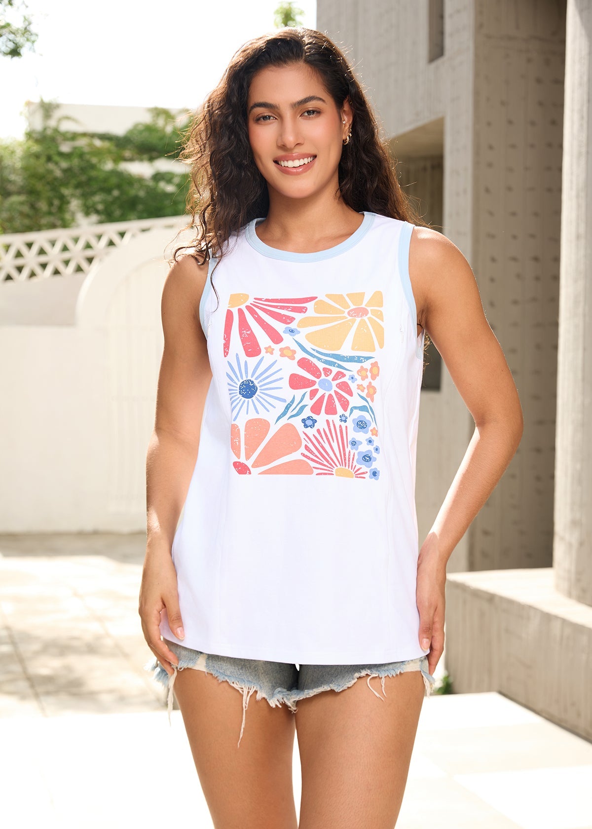 Floral Graphic Feeding-Friendly Tank Top for Moms