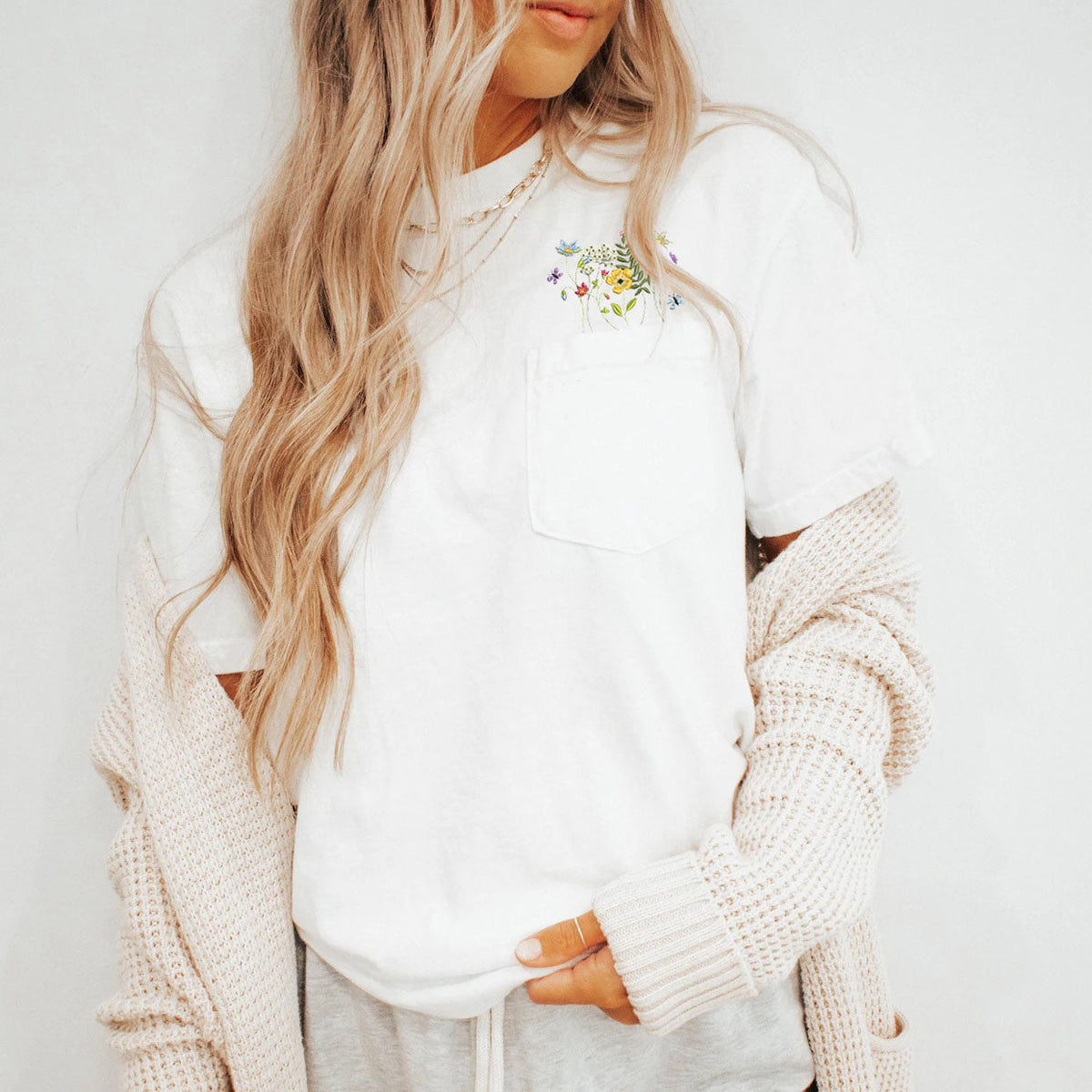 Embroidered Flower Pocket Feeding-Friendly T-Shirt
