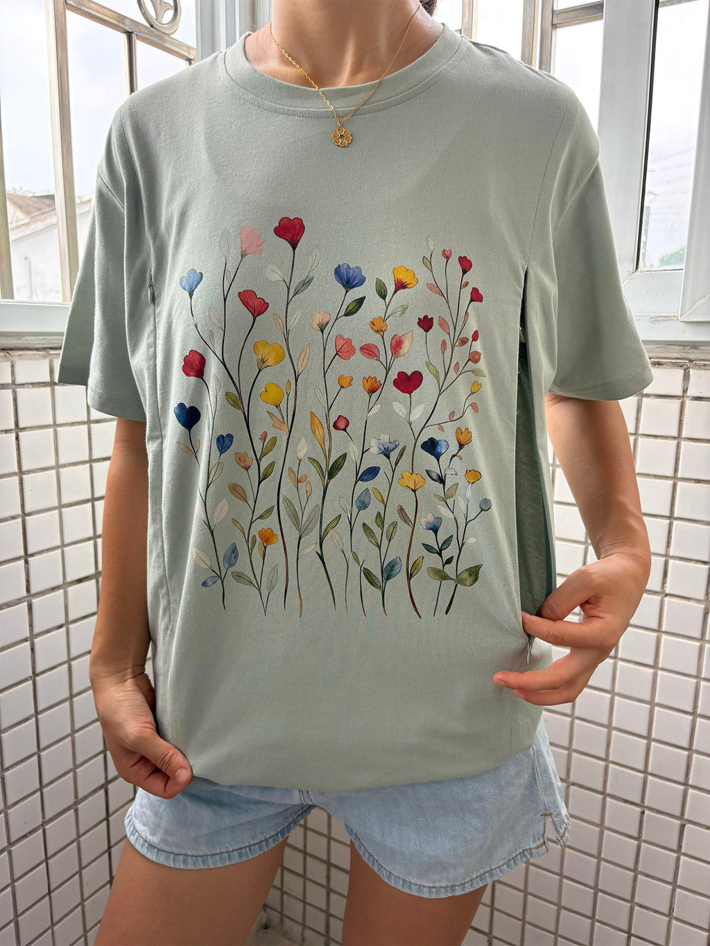 Vintage Pressed Flowers Feeding-Friendly T-Shirt