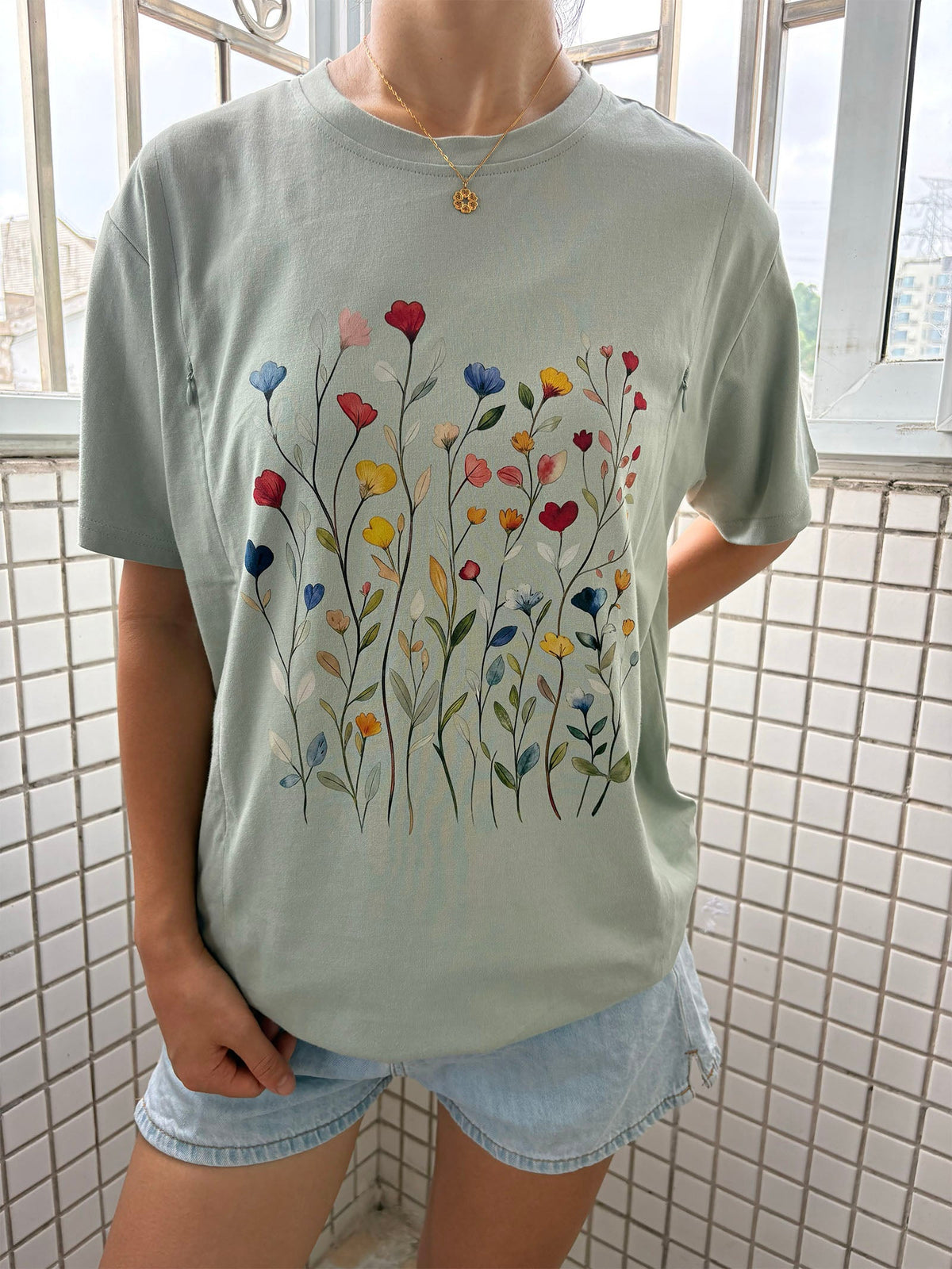 Vintage Pressed Flowers Feeding-Friendly T-Shirt