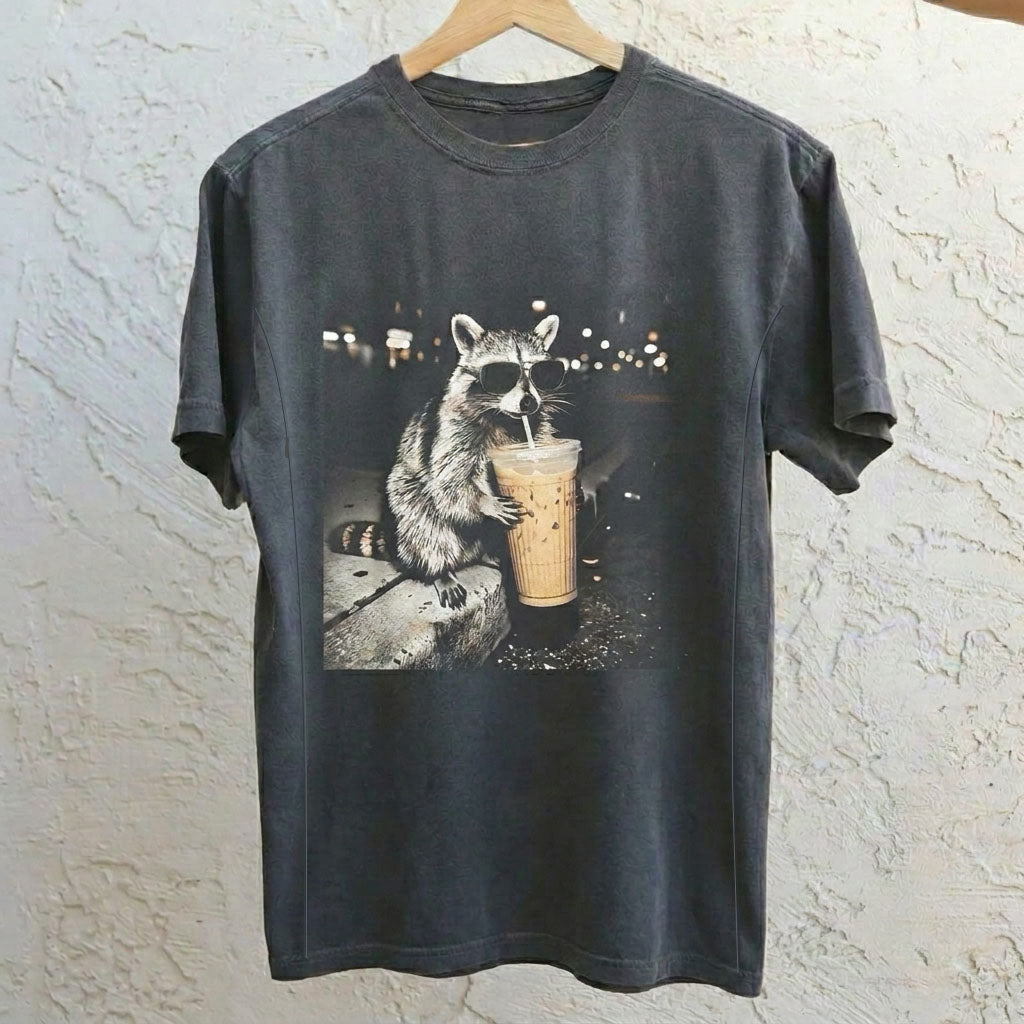 Raccoon Drinking Iced Coffee Feeding-Friendly T-Shirt