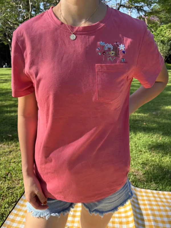 Berry Embroidered Flower Pocket Feeding-Friendly T-Shirt