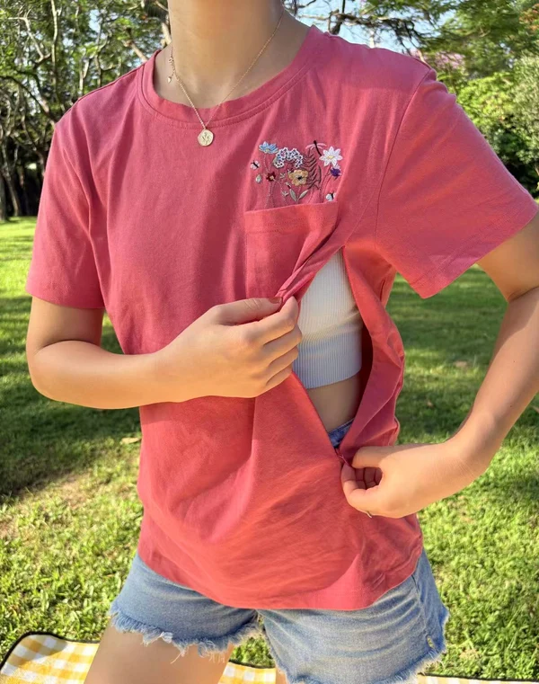 Berry Embroidered Flower Pocket Feeding-Friendly T-Shirt
