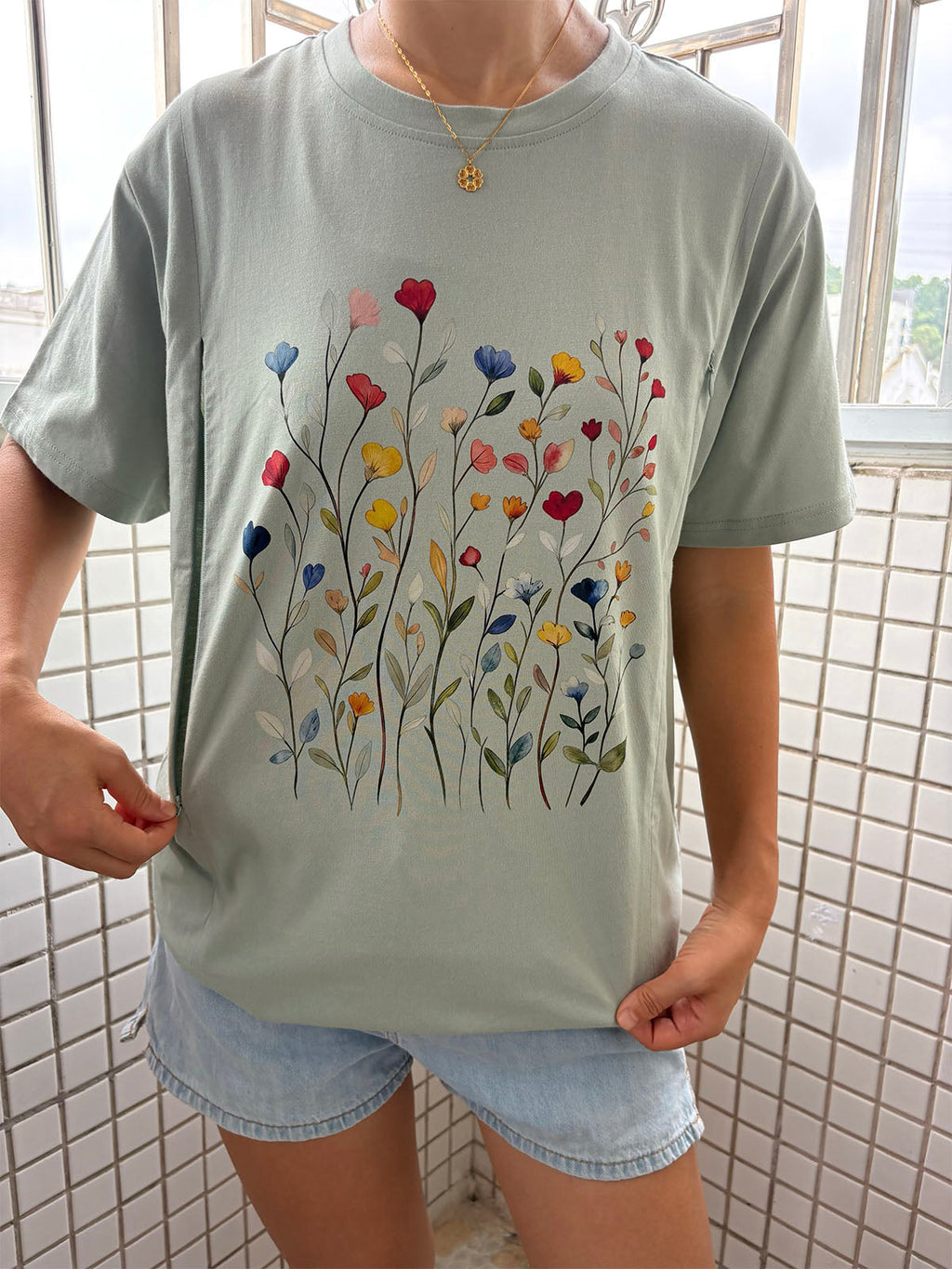 Vintage Pressed Flowers Feeding-Friendly T-Shirt