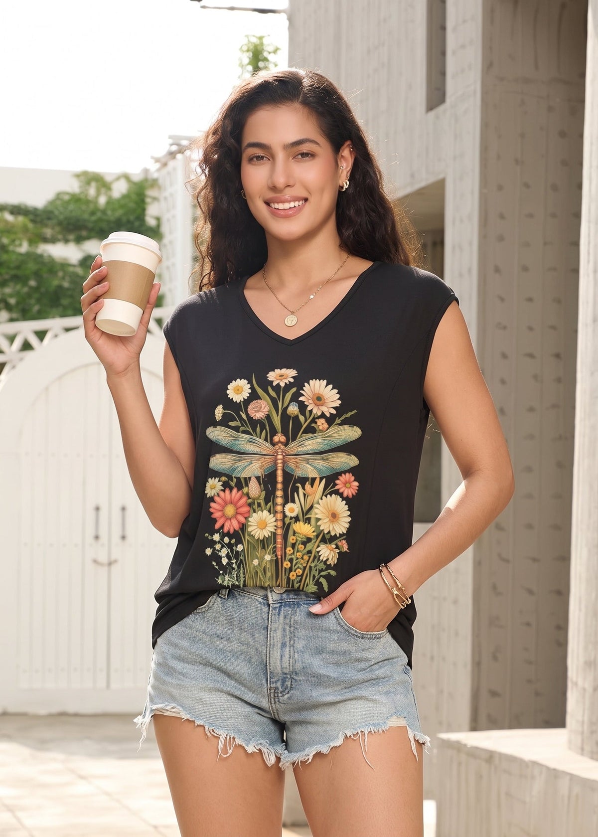 Vintage Dragonfly Floral V Neck Feeding-Friendly Tank Top