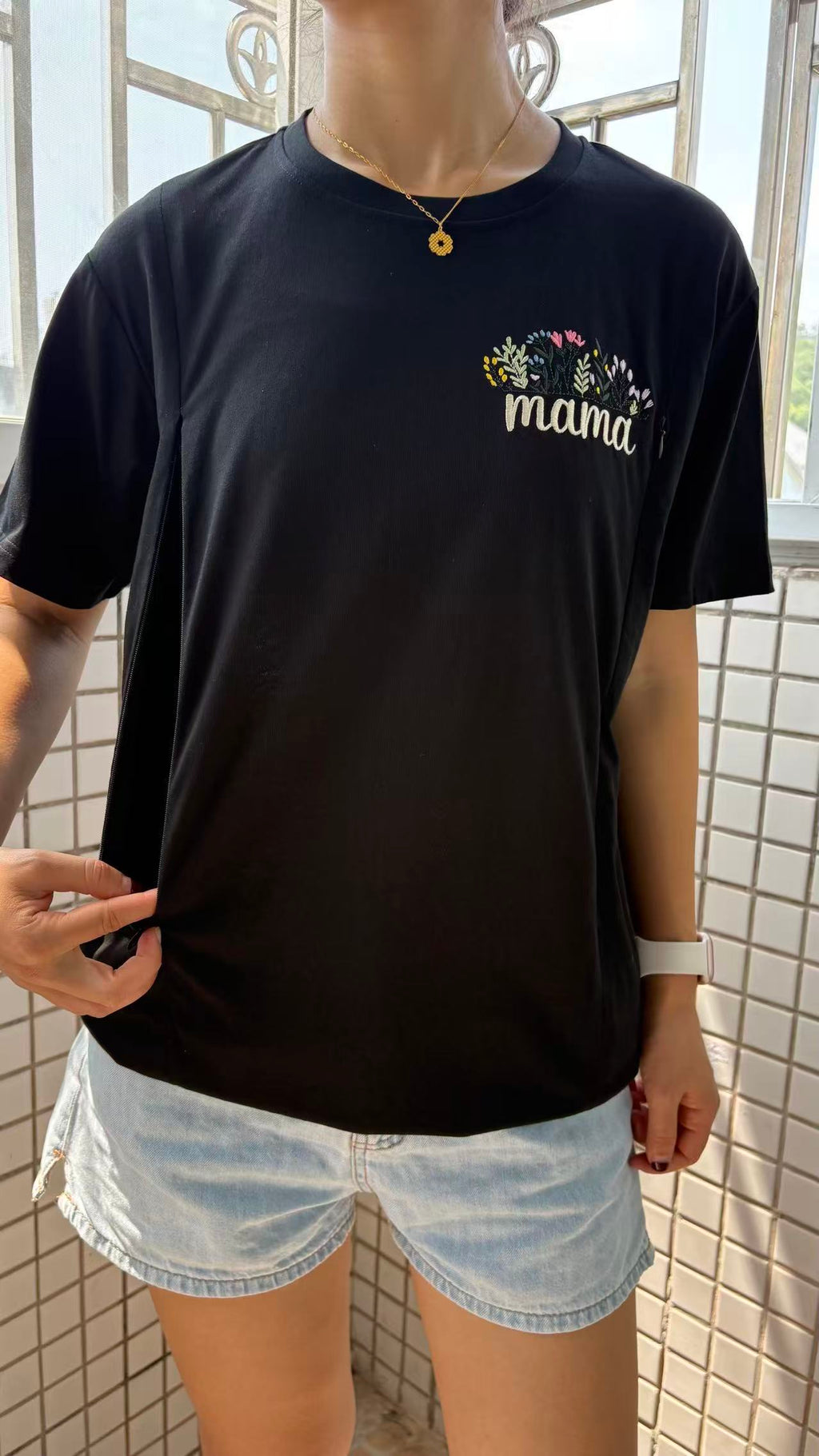 Floral Mama Embroidered Feeding-Friendly T-Shirt