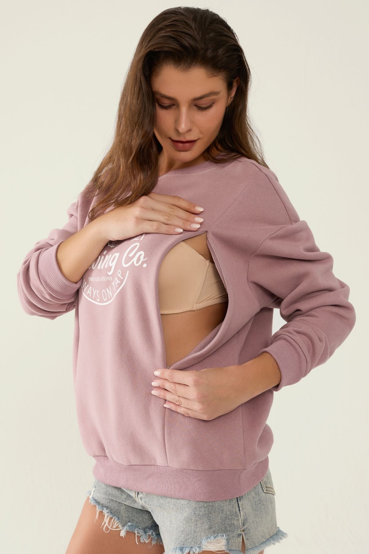 Mama's Boobery Zip Crewneck Feeding-Friendly Sweatshirt
