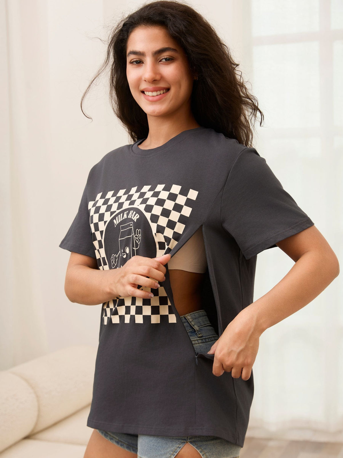 Checkered Milk Carton Feeding-Friendly Tee