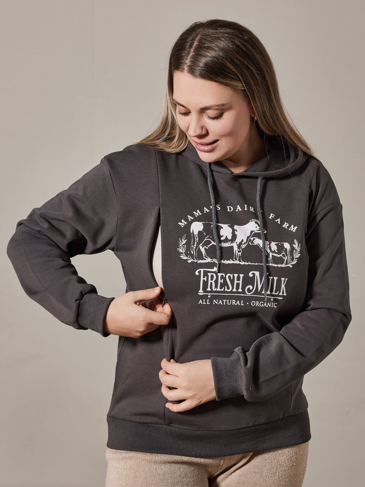 Mama’s Dairy Farm Fleece Feeding-Friendly Hoodie with Hidden Zippers