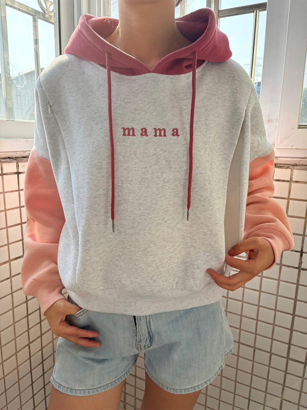 Embroidered Mama Color Block Feeding-Friendly Cropped Hoodie