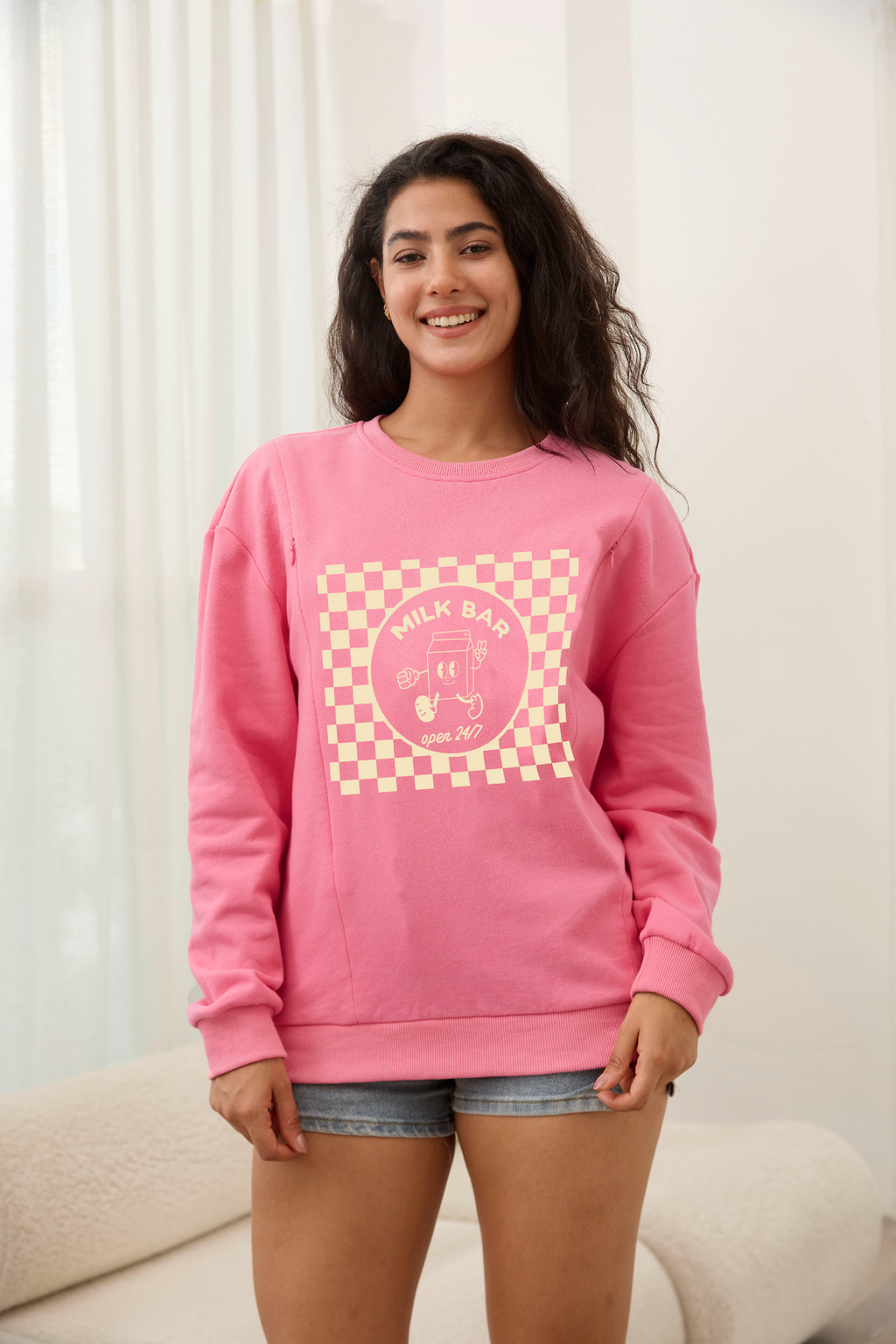 Checkered Milk Carton Feeding-Friendly Sweatshirt