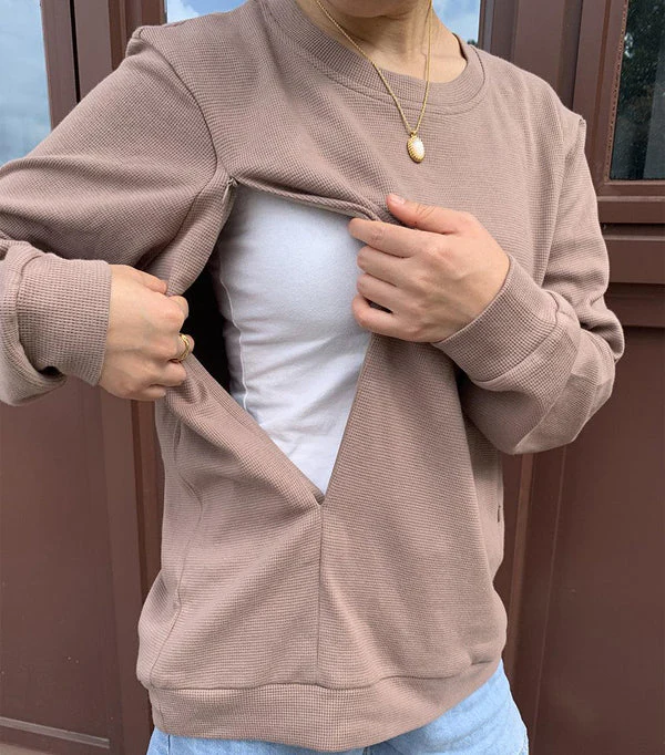 Feeding-Friendly Waffle Knit Solid Zip Sweatshirt