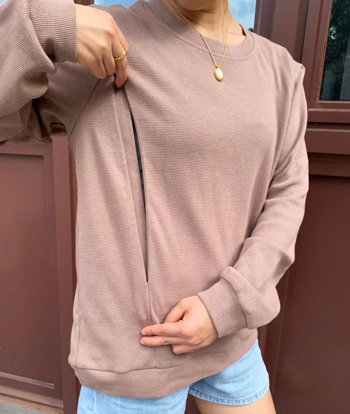 Feeding-Friendly Waffle Knit Solid Zip Sweatshirt