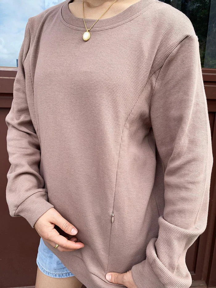Feeding-Friendly Waffle Knit Solid Zip Sweatshirt
