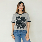 Retro Linocut Peonies Ringer Feeding-Friendly T-Shirt