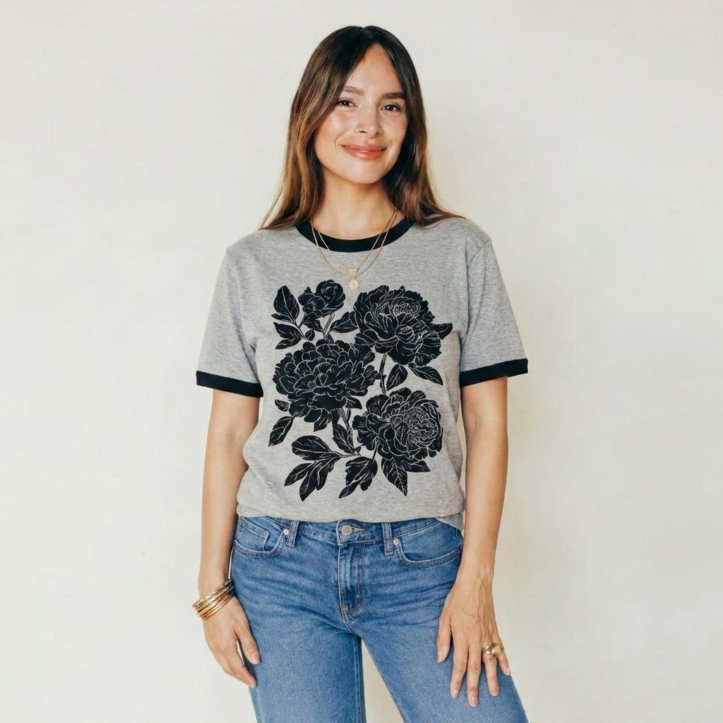 Retro Linocut Peonies Ringer Feeding-Friendly T-Shirt