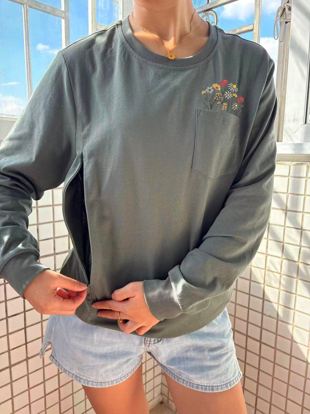 Floral Pocket Long-Sleeve Feeding-Friendly T-Shirt