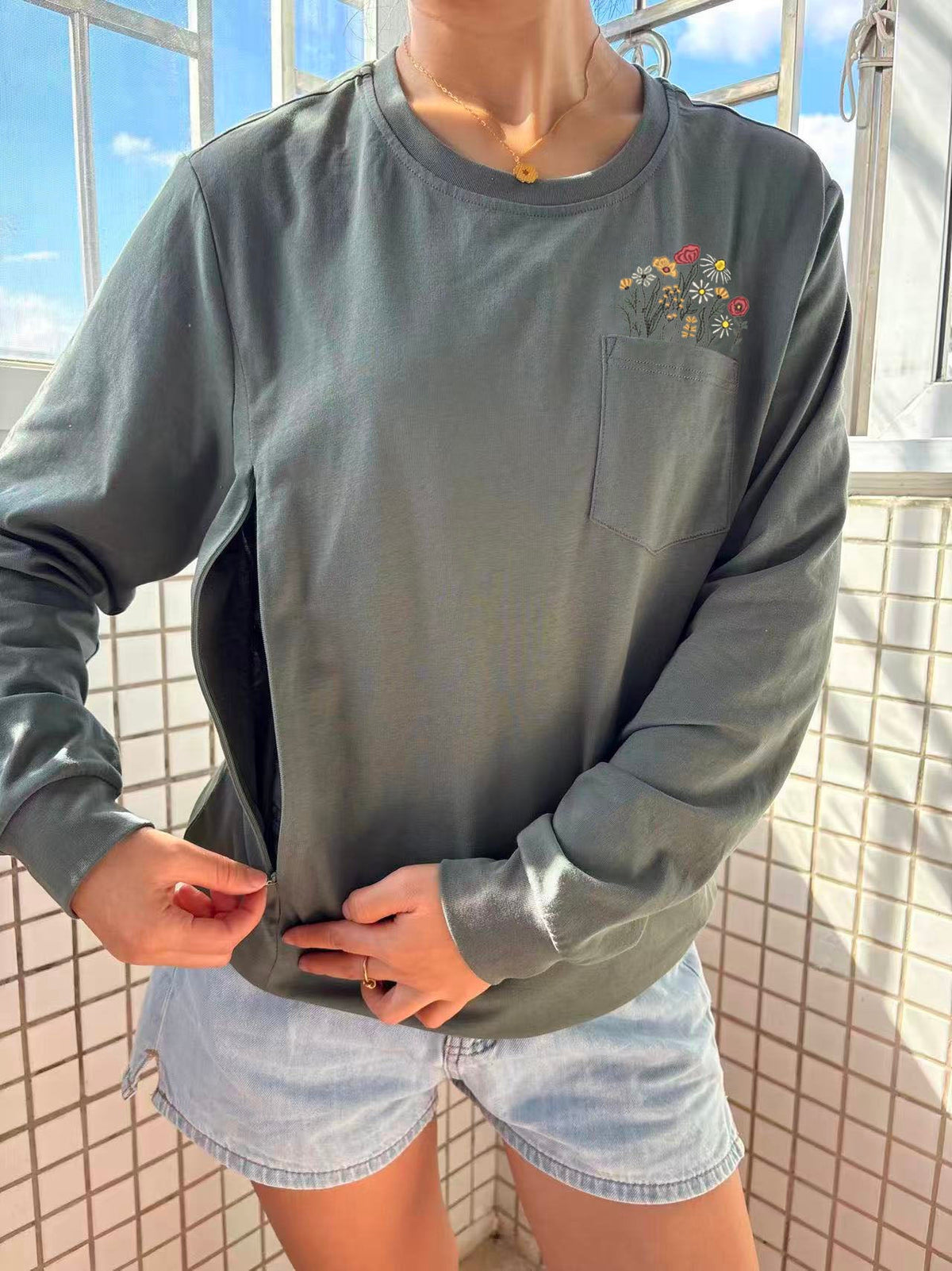 Floral Pocket Long-Sleeve Feeding-Friendly T-Shirt