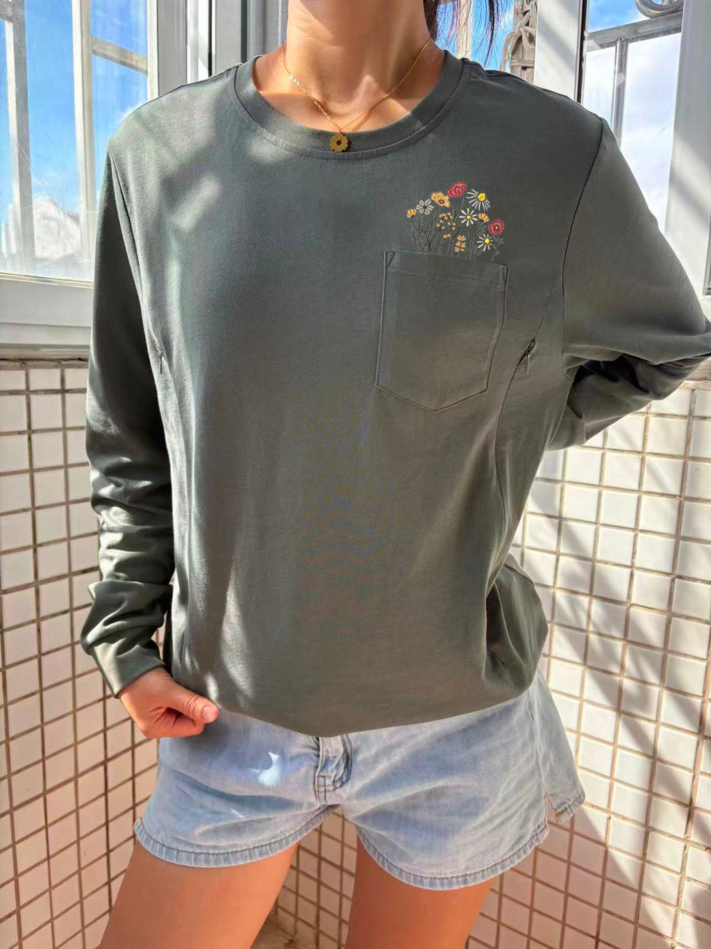 Floral Pocket Long-Sleeve Feeding-Friendly T-Shirt