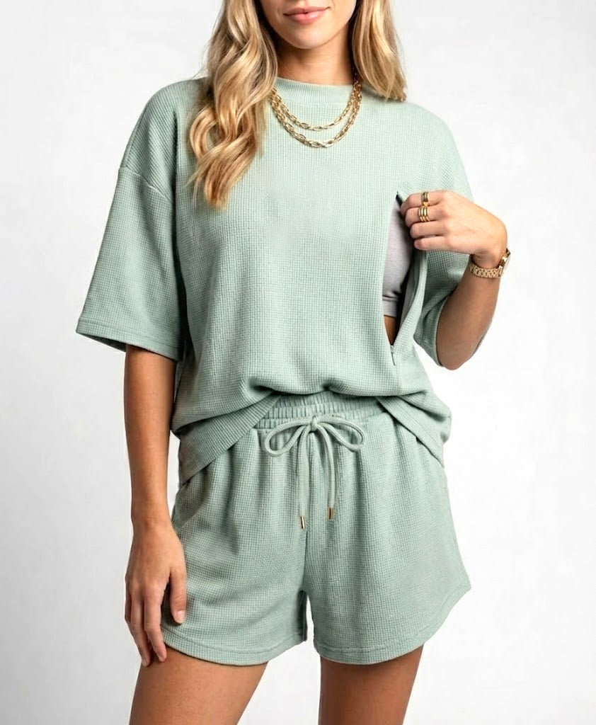 Oversized Waffle Knit Zip Feeding-Friendly Lounge Set