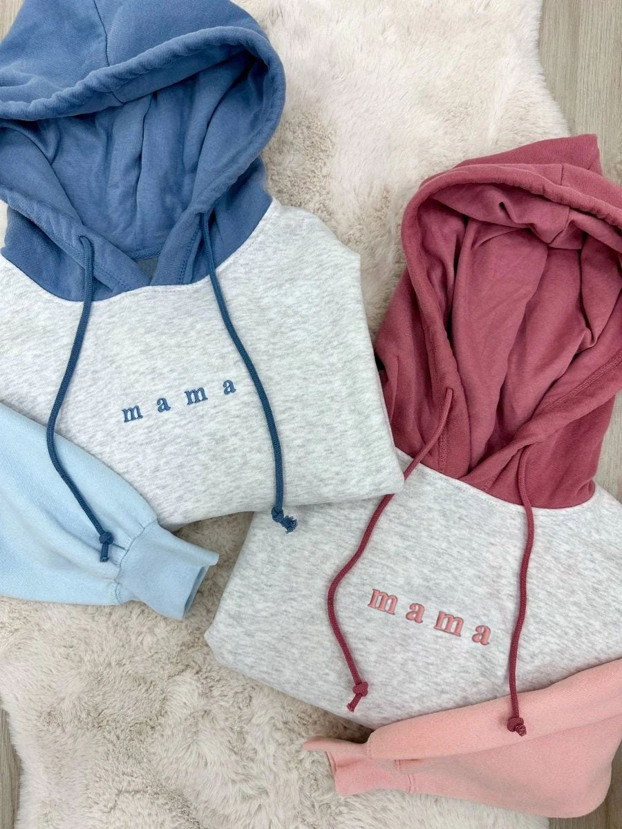 Embroidered Mama Color Block Feeding-Friendly Cropped Hoodie