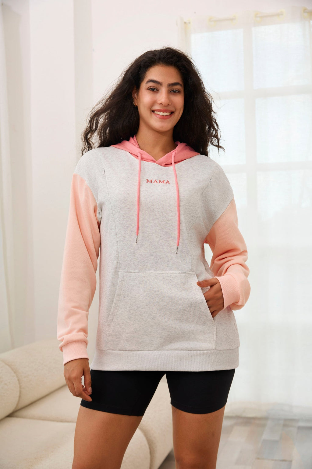 Colorblock Feeding-Friendly Hoodie With Pocket