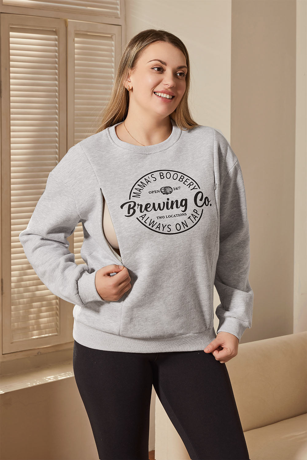 Mama's Boobery Zip Crewneck Feeding-Friendly Sweatshirt