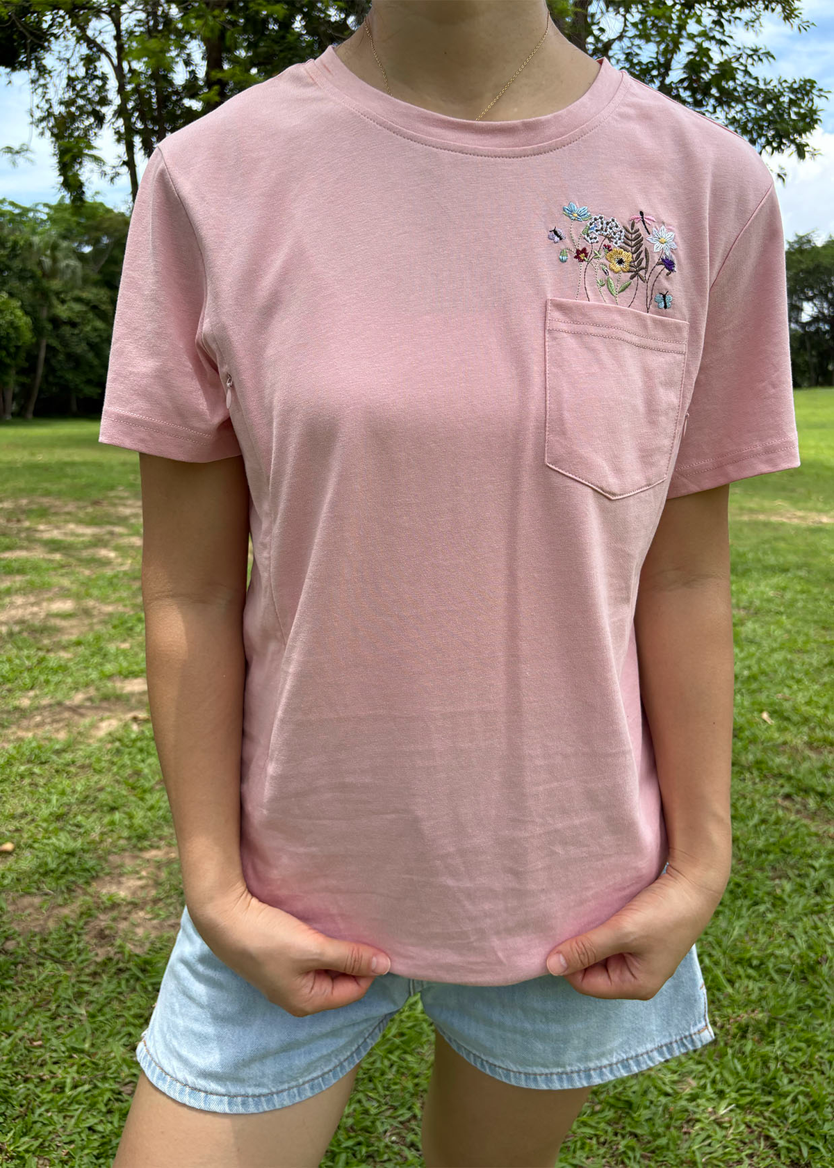 Embroidered Flower Pocket Feeding-Friendly T-Shirt
